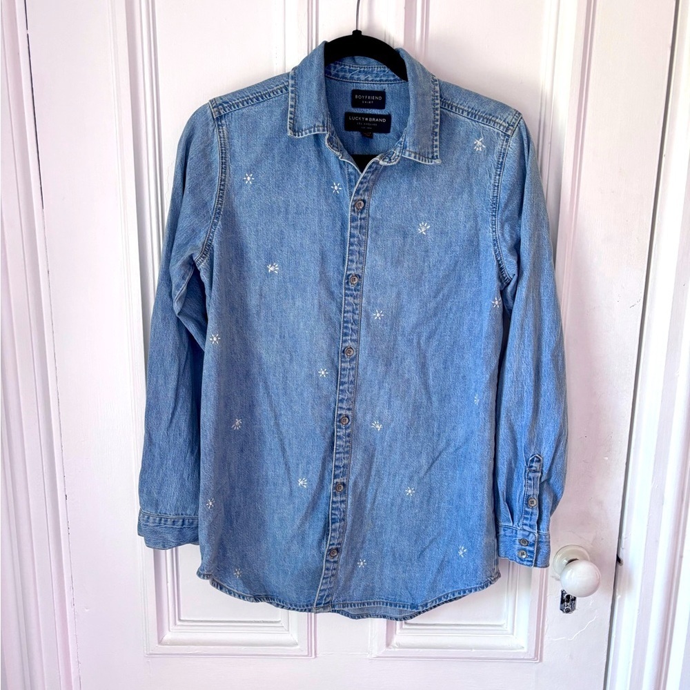 Lucky Brand Women’s Boyfriend Embroidered Long Sleeve Denim Shirt Size XS